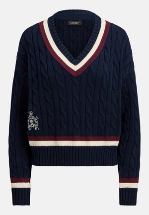 Navy blue cable-knit V-neck sweater with white and maroon stripes on collar, cuffs, and hem, featuring embroidered Ralph Lauren logo.