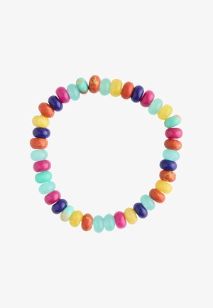 Stretchy bracelet made of colorful round beads in turquoise, pink, yellow, orange, purple, and red tones on white background.