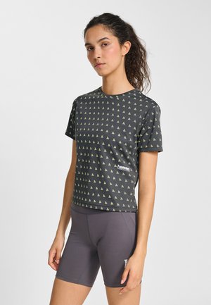 Short-sleeve dark gray t-shirt with small green bicycle pattern, made of lightweight fabric, paired with gray athletic shorts featuring a logo.