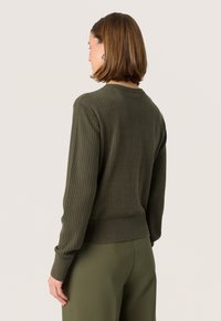 Geribbeld, olijfgroen trui met een ronde halslijn en lange mouwen. De stof heeft een gemêleerd patroon; aansluitend bij de taille met een gladde zoom.