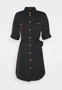 Black button-up dress made of fabric with a smooth texture. Features gold-tone buttons, short rolled sleeves, and a tied waist belt.