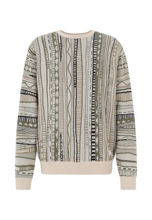 Langärmeliger Pullover mit Rundhalsausschnitt und vertikalen abstrakten Mustern in Beige-, Olivgrün-, Schwarz- und Hellgrautönen.