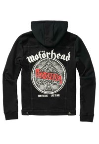 Svart hoodiejacka med långa ärmar, med en stor grafisk bild av ett spaderess och texten "Motörhead" i vitt, rött och svart.