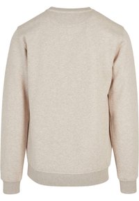 Sudadera de color beige claro con cuello redondo, mangas largas, puños y dobladillo acanalados. Textura suave, diseño minimalista, sin patrones ni acentos visibles.