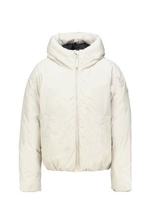 Weiße gesteppte Jacke mit hohem Kragen und Frontreißverschluss, langen Ärmeln und leicht elastischem Saum, auf einfarbigem Hintergrund dargestellt.
