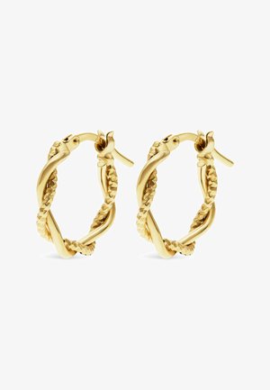 Ein Paar kleine goldene Creolen mit gedrehten, glatten und strukturierten Bändern sowie Scharnierverschlüssen auf einem weißen Hintergrund.