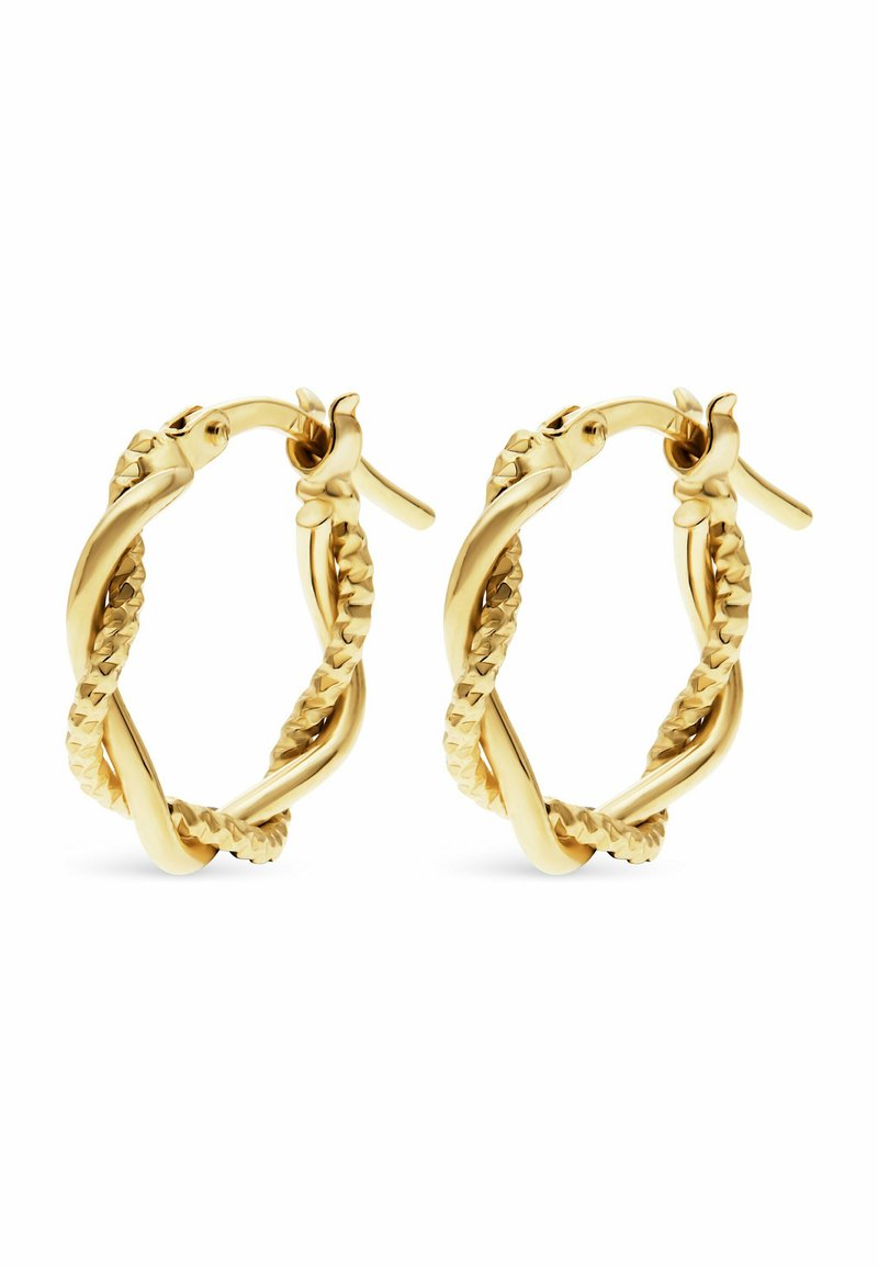 Ett par små guldörhängen med snodda släta och strukturerade band samt gångjärnslås på en vit bakgrund.