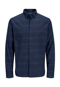 Mörkblå långärmad skjorta med knappstängning, subtil horisontell randning, klassisk krage och regular fit.