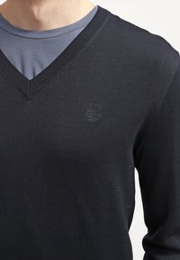 Svetr s výstřihem do V v tmavě modré barvě, který je oblečený přes světle modrou košili. Na levé straně hrudi svetry je viditelné malé logo.