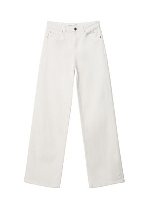 Jean blanc ample en denim, avec une taille haute, un design à cinq poches et une fermeture à bouton en métal. Texture lisse, sans motifs.