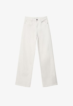 Weiße Schlagjeans aus Denim, mit hoher Taille, Fünf-Taschen-Design und Metallknopfverschluss. Glatte Textur, ohne Muster.