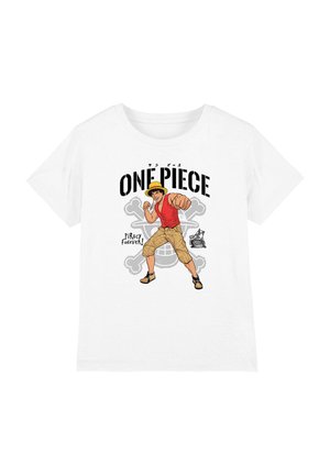 White t-shirt with colorful graphic of a man in straw hat and red vest punching forward, text "ONE PIECE" and "PIRACY FOREVER!" above and below.