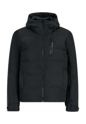 Zwarte geïsoleerde jas met capuchon, ritssluiting aan de voorkant, zijzakken en een borstzak. Heeft een gladde afwerking en een gestructureerd ontwerp.