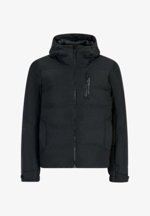 Chaqueta negra aislante con capucha, cierre frontal, bolsillos laterales y un bolsillo en el pecho. Presenta un acabado suave y un diseño estructurado.