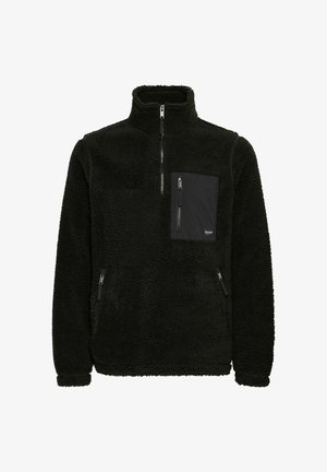 Zwarte fleece pullover met hoge kraag, halve rits, voorzak met rits en twee zijzakken met rits; zachte, gestructureerde stof.