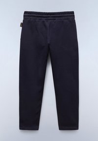 Mørkeblå sweatpants med elastisk talje, tapered ben og glat tekstur; ingen synlige mønstre eller hardware-detaljer.
