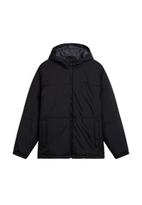 Svart puffjacka med huva, som har dragkedja fram, två sidofickor och en diskret logotyp på bröstet. Slät textur och isolerat design.