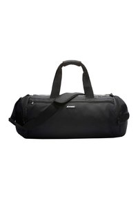 Schwarze Reisetasche aus strapazierfähigem Stoff. Verfügt über zwei Griffe, einen Schultergurt und einen Reißverschluss. Einfaches Design ohne sichtbare Muster.