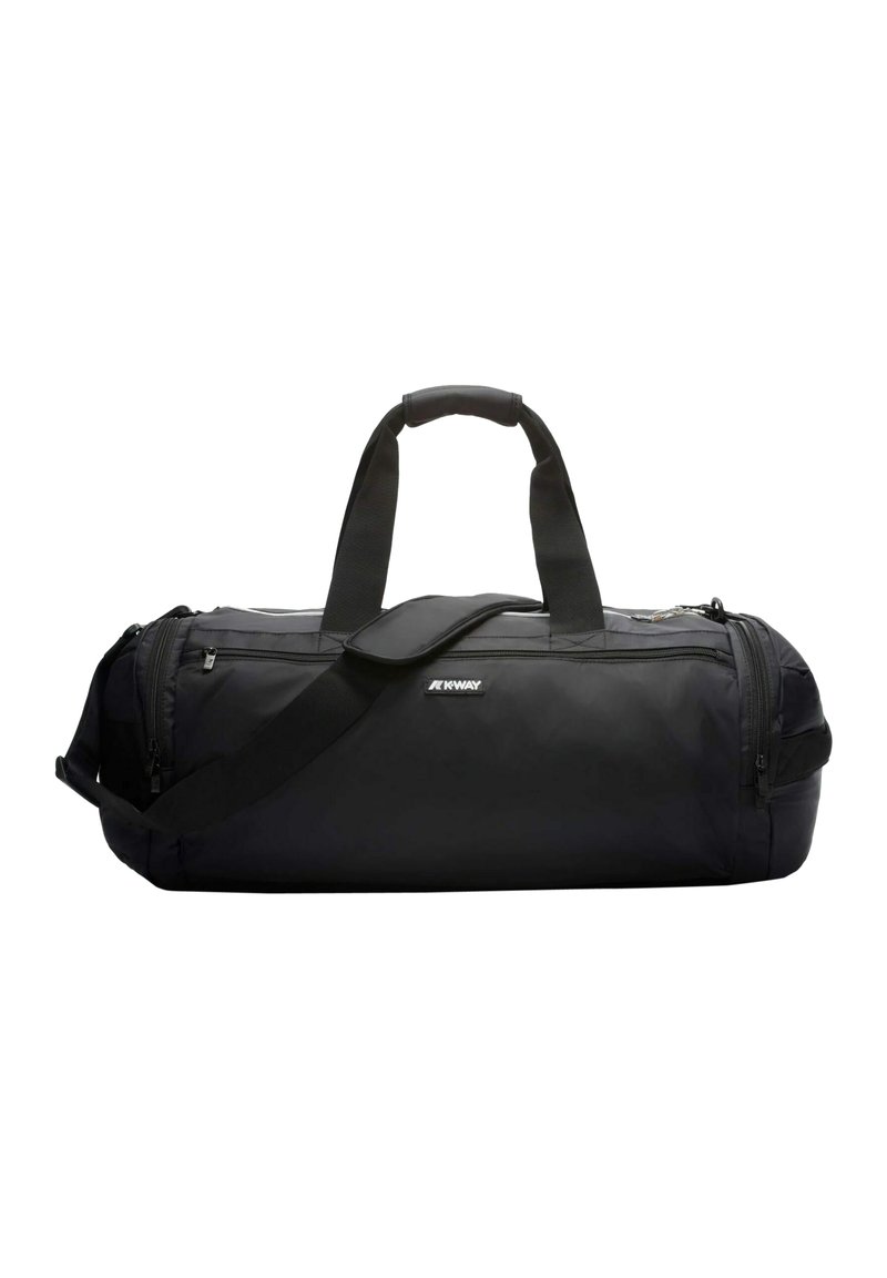 Schwarze Reisetasche aus strapazierfähigem Stoff. Verfügt über zwei Griffe, einen Schultergurt und einen Reißverschluss. Einfaches Design ohne sichtbare Muster.