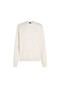Crème-kleurige sweatshirt met lange mouwen, ronde hals, ribgebreide manchetten en zoom. Bevat een klein, reliëf logo op de borst. Zachte textuur.