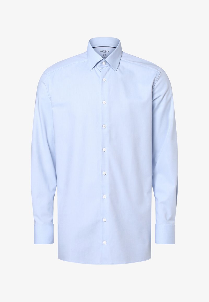 Lichtblauwe overhemd met lange mouwen, gemaakt van gladde stof, met een knoopsluiting aan de voorkant, een puntige kraag en met knopen gesloten manchetten.
