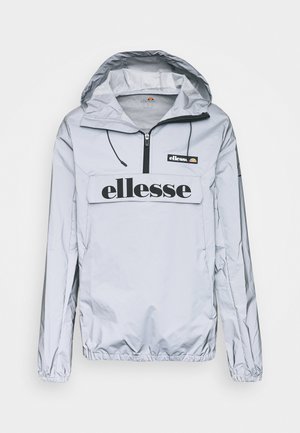 Light gray windbreaker jacket with a hood, front zip, and black "ellesse" logo across the chest; elastic cuffs and hem for fit.