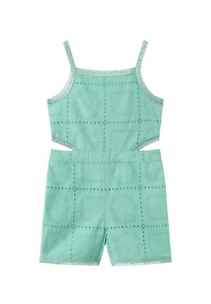 Mono corto sin mangas de color verde menta con patrones cuadrados florales bordados, tirantes finos, aperturas laterales y ribete de encaje en los bordes.