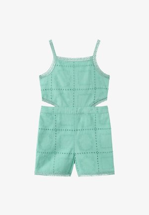 Mono corto sin mangas de color verde menta con patrones cuadrados florales bordados, tirantes finos, aperturas laterales y ribete de encaje en los bordes.