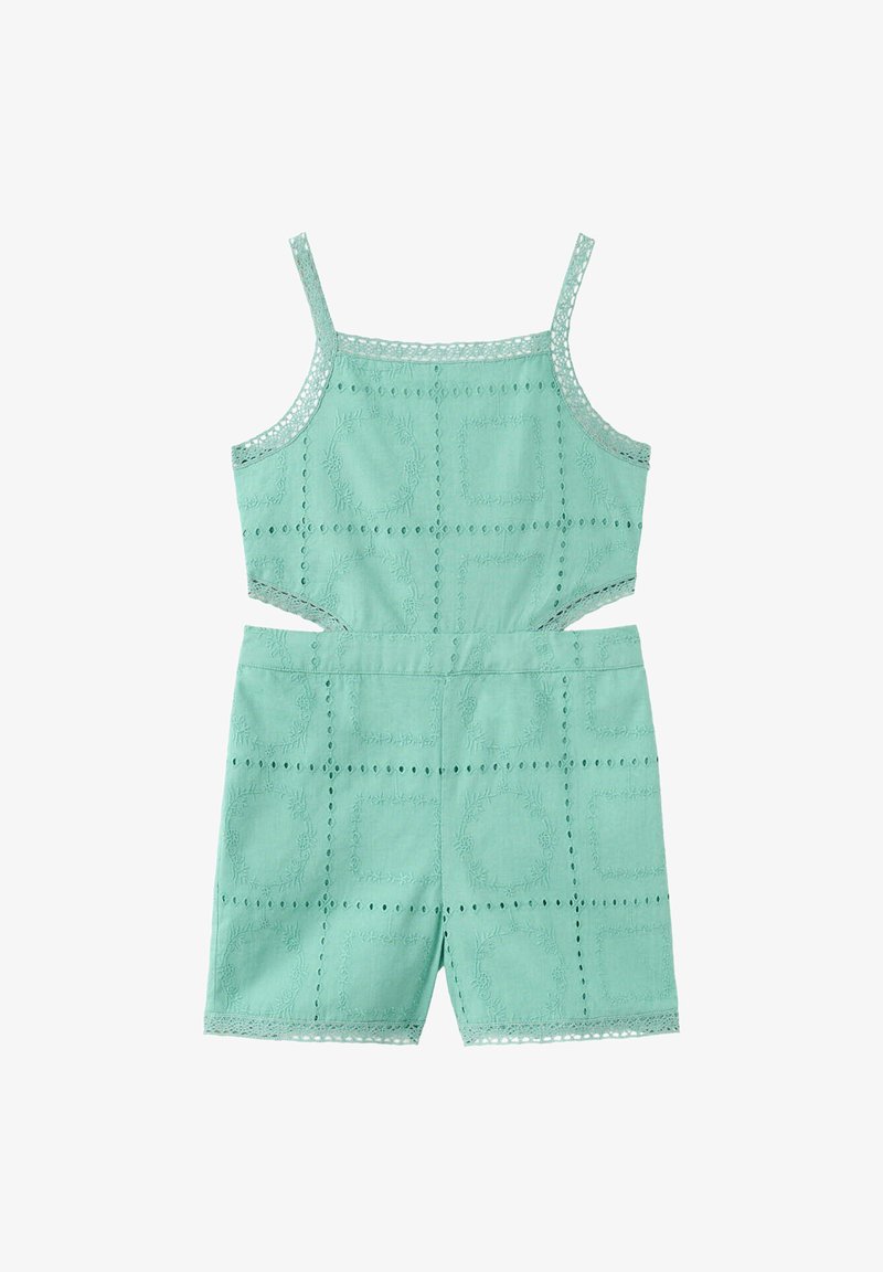 Combinaison courte sans manches vert menthe avec motifs floraux carrés brodés, fines bretelles, découpes sur les côtés et bordure en dentelle aux bords.