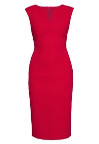 Robe rouge ajustée avec des manches courtes, un décolleté en V et une fermeture éclair au dos. Fabriquée en tissu texturé, avec des détails de couture pour un effet de silhouette.