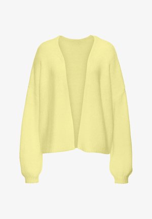 Gelber gestrickter Cardigan, offen vorne, lange Ärmel, weiche Textur, gerippte Bündchen und Saum, leichtes Material.