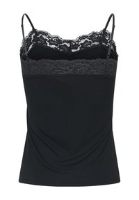 Schwarzes, geripptes Tanktop mit verstellbaren Spaghetti-Trägern, das einen zarten Spitzenbesatz entlang des Ausschnitts aufweist. Weiches, figurnahes Design.