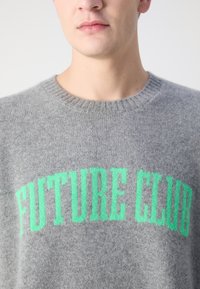 Grå strikkegenser med rund hals og ribbekant, med "FUTURE CLUB" i lys grønn skrift over brystet.