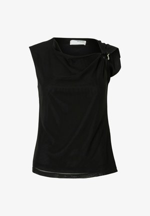 Juoda be rankovių palaidinė, pagaminta iš minkštos medžiagos. Pasižymi krentamu dekolte ir dekoratyviniu sidabriniu akcentu ant peties. Sklandžios tekstūros.