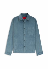 Cordhemd in Hellblau mit durchgehender Knopfleiste, aufgeklapptem Kragen, Brusttasche und zwei Seitentaschen. Schwarze Knöpfe und gerippte Textur.