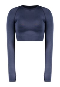 Langärmliges dunkelblaues Sport-Crop-Top, aus dehnbarem Material, mit nahtlosem Design und Daumenlöchern an den Bündchen für zusätzlichen Komfort.