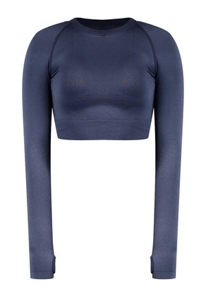 Dlouhý rukáv tmavě námořnický sportovní crop top, vyrobený z elastického materiálu, s bezešvým designem a otvory pro palce na manžetách pro pohodlí.