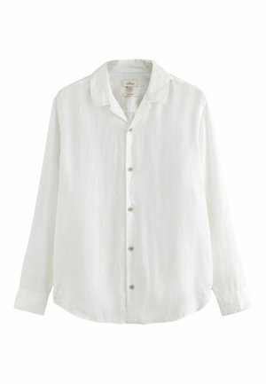 Biela košeľa s dlhým rukávom, golierom a piatimi viditeľnými gombíkmi, vyrobená z ľahkej ľanovej tkaniny.