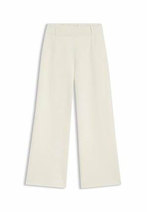 Pantalon crème à taille haute et jambes larges avec un détail de couture près de la ceinture, étalé à plat sur un fond blanc.