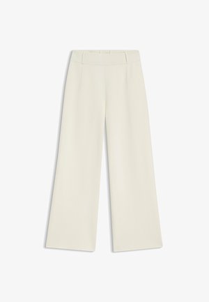 Pantalon crème à taille haute et jambes larges avec un détail de couture près de la ceinture, étalé à plat sur un fond blanc.