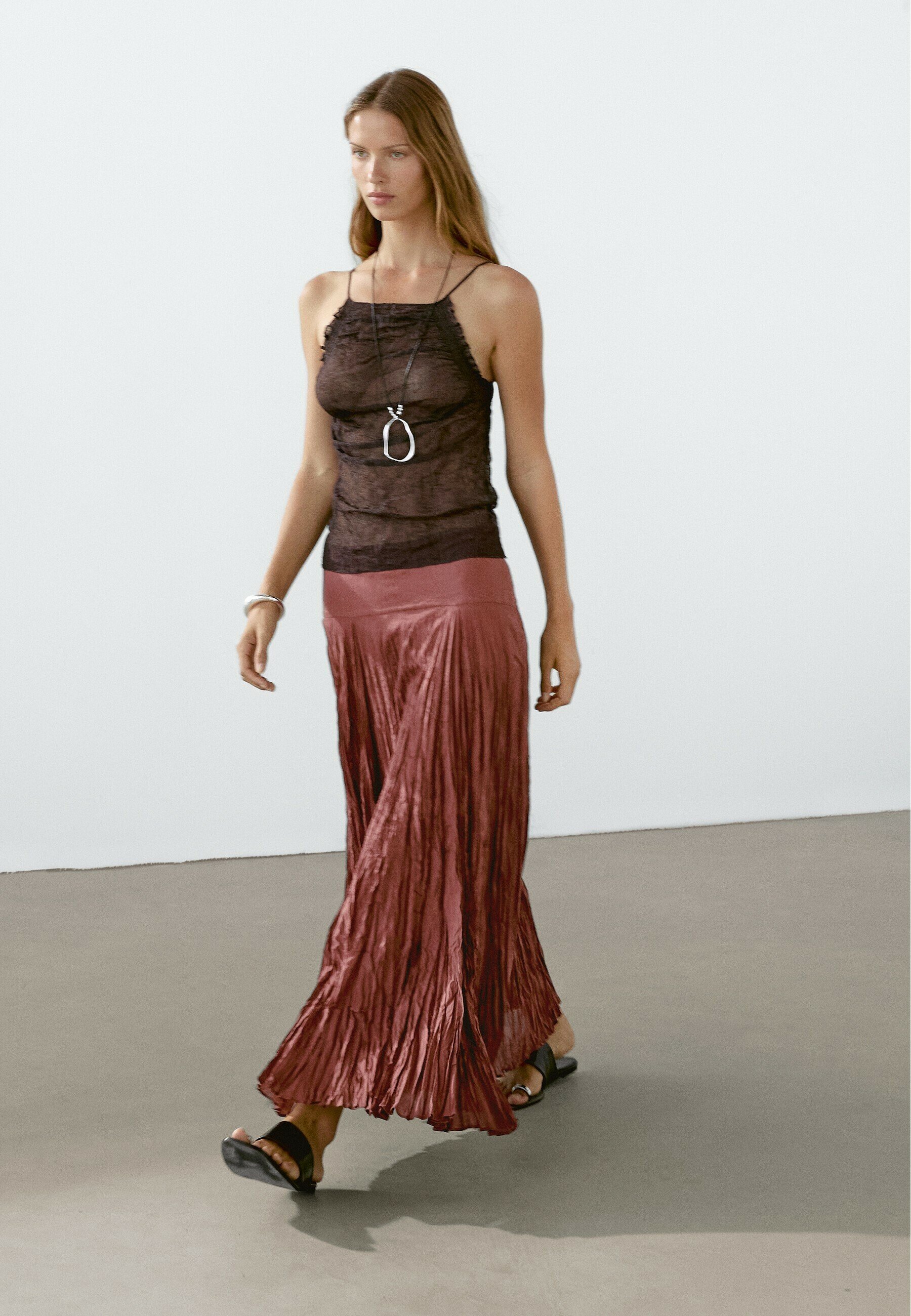 【Massimo Dutti】Long flowing skirt with ruffles /Duck Green FLOWING - Massimo Dutti - US
