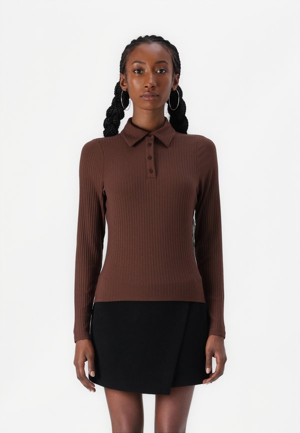 Long-Sleeve Wide Rib Polo Top - Polo shirt - chicory coffee