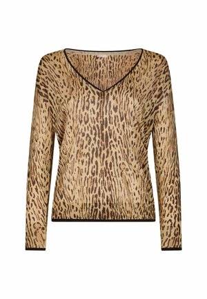 Tierdruck langärmliges Oberteil in Beige und Braun, mit V-Ausschnitt, gerippten Bündchen und Saum, aus leichtem, strukturiertem Material gefertigt.