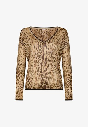 Haut à manches longues imprimé animal en beige et marron, avec un col en V, des poignets et un ourlet côtelés, fabriqué à partir d'un matériau léger et texturé.
