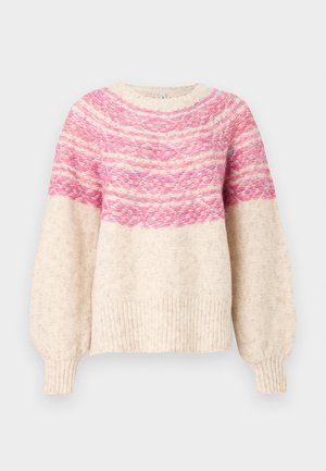 Pulôver de malha com uma base creme, apresentando um padrão em degradê rosa na parte do peito e mangas largas. Bainha e punhos canelados.