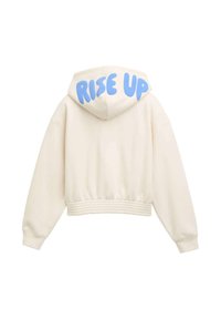 Felpa crema con design corto, caratterizzata da testo blu "RISE UP" sul retro. Texture morbida e polsini e vita a coste.