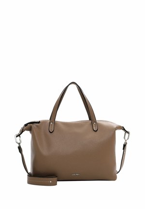 Brown pebbled leather handbag with rounded shape, dual handles, adjustable shoulder strap, and silver hardware accents. Zipper closure.