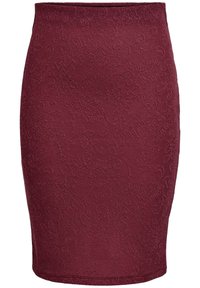 Burgundy blyertkjol med subtilt texturerat blommönster, knälång och figurnära silhuett.