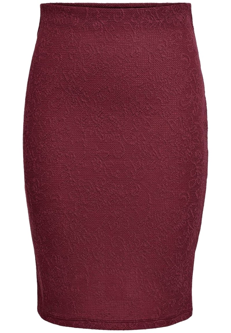 Burgundy blyertkjol med subtilt texturerat blommönster, knälång och figurnära silhuett.