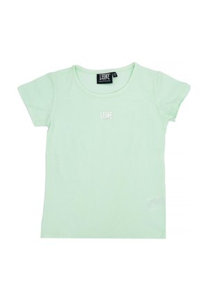 T-shirt vert menthe à manches courtes, avec un col rond et un petit logo Leone blanc sur la poitrine, sur fond blanc.